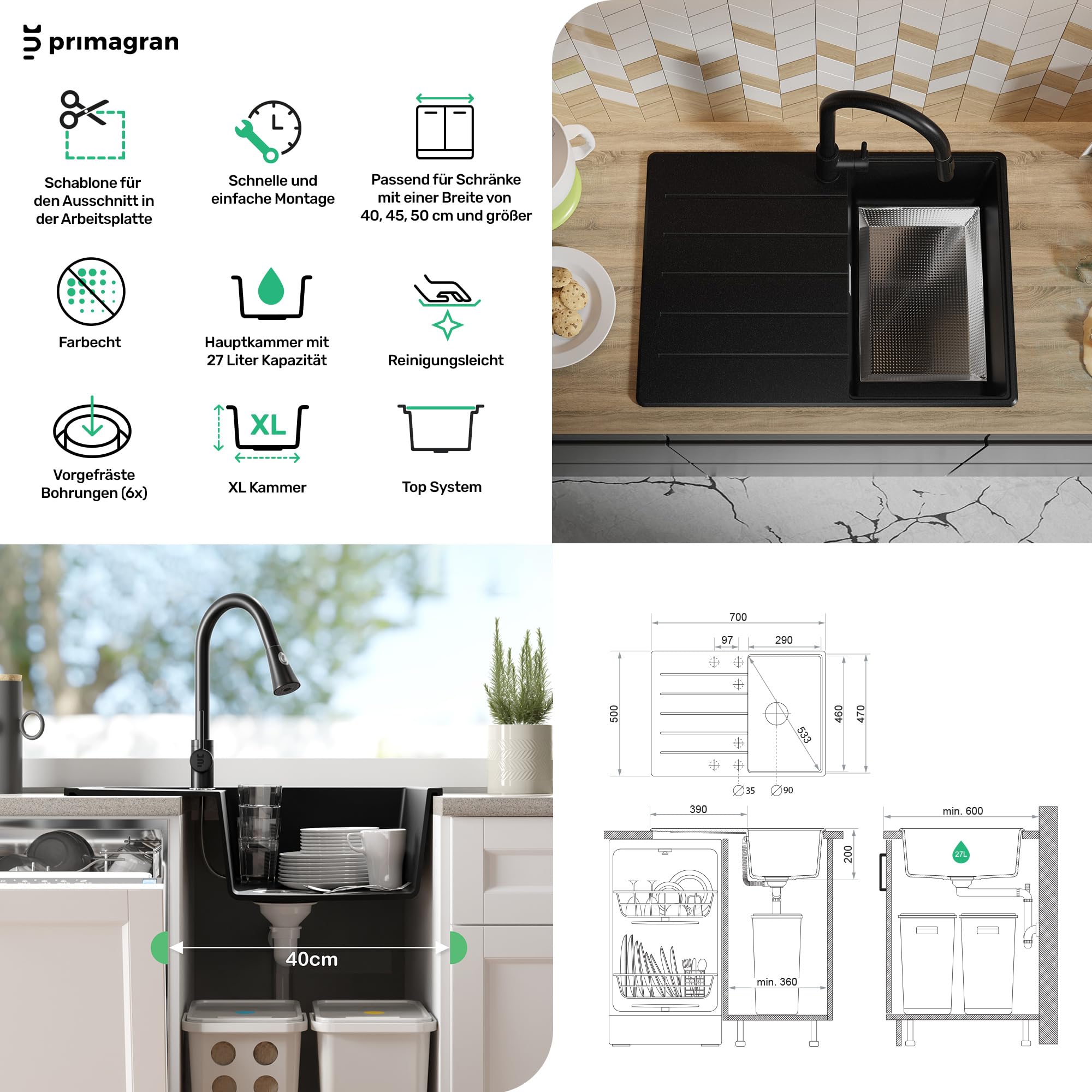 PRIMAGRAN Granitspüle Alles Schwarz - Kopenhagen Top, 70x50cm | Spülbecken 1 Becken + Küchenarmatur 40x20cm + Zuberhor-Set, Küchenspüle ab 40er Unterschrank (S187)