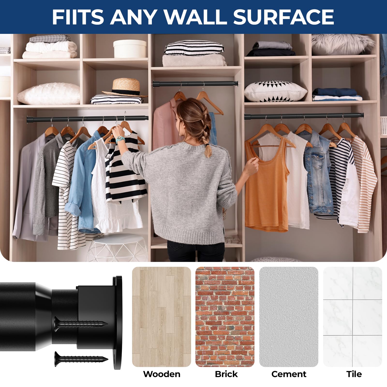 Mavivegue Closet Rod, 17 to 84 Inch Adjustable Closet Rods for Hanging Clothes, — product photo