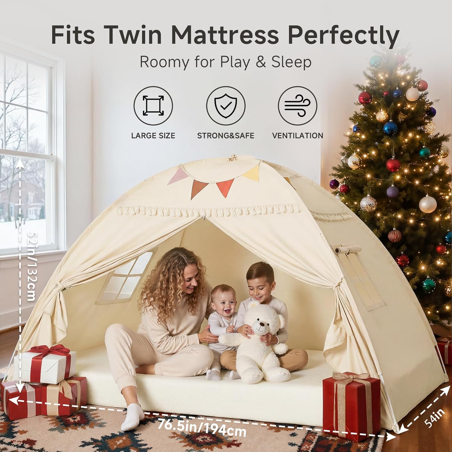 Full Size Toddler Bed Tent Canopy: Lights & Flags Indoor Kids Play Tent Playhouse - Large Girls & Boys Teepee Tent Privacy Space Sleeping Tents Gifts (Large Natral) Golden Beige 76.5x54x52"(Suggested for Full)