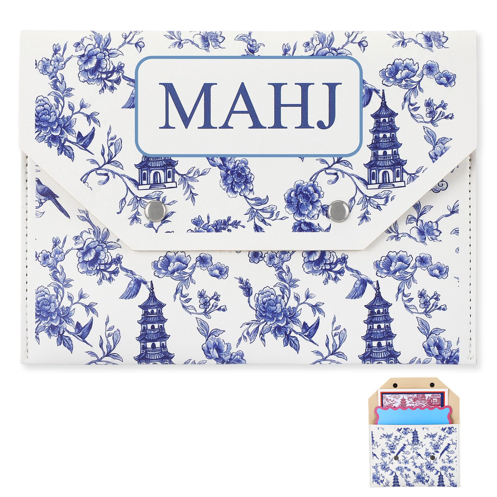 Leather Mahjong Card Holder Gift, Blue, White, 8x6 Inch, Floral Print