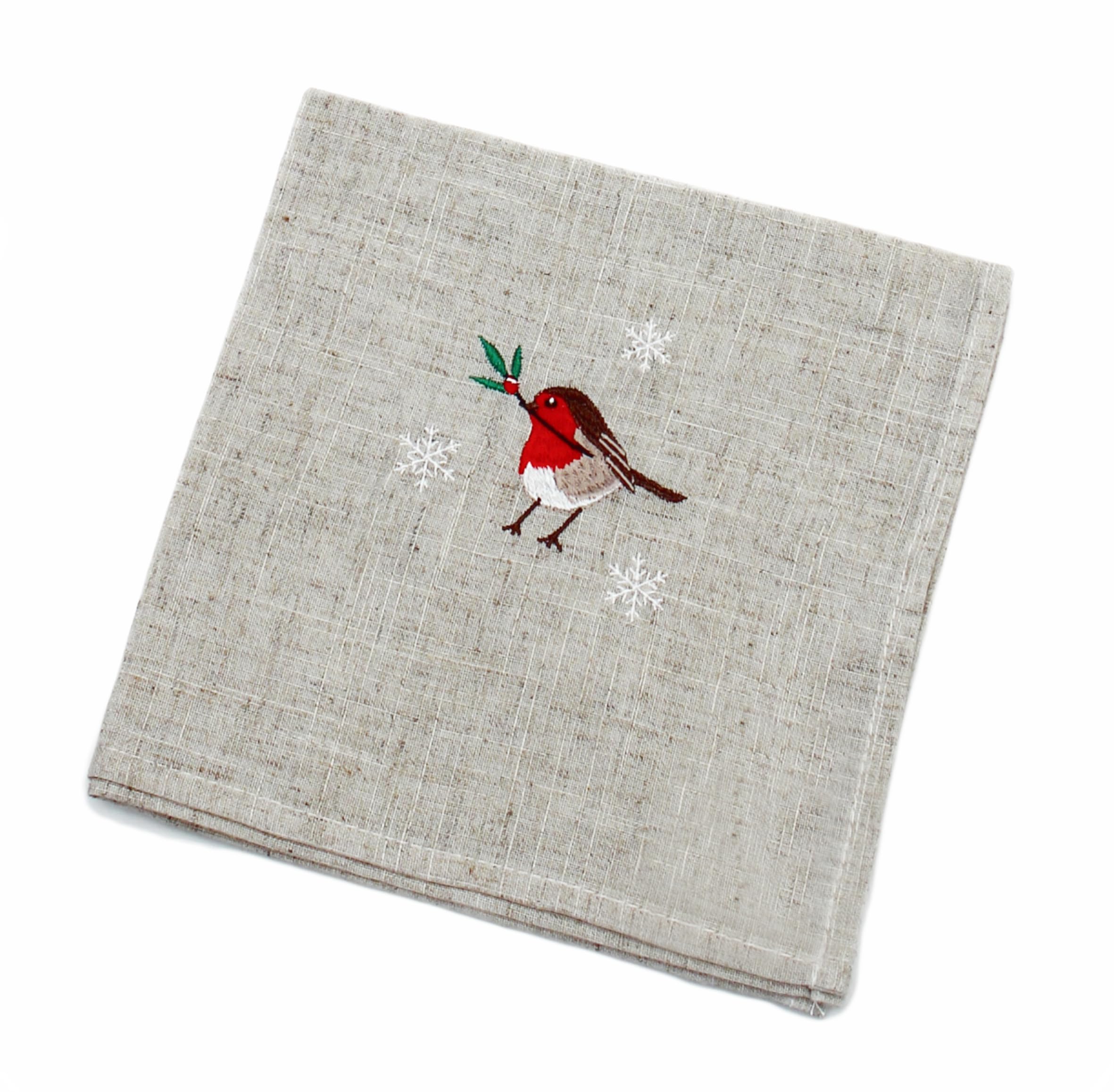 Snow Robin Embroidered Christmas Napkin - 45cm x 45cm