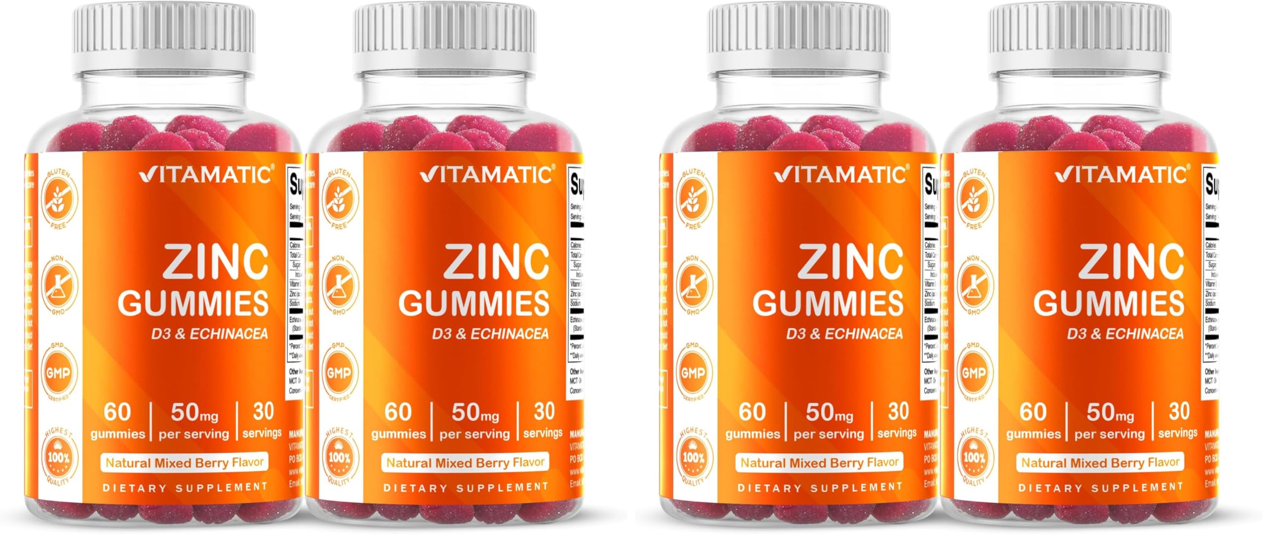 Vitamatic Zinc 50mg Gummies – 60 Vegan Gummies – Gluten-Free – 4 Pack 120 Count (Pack of 2)