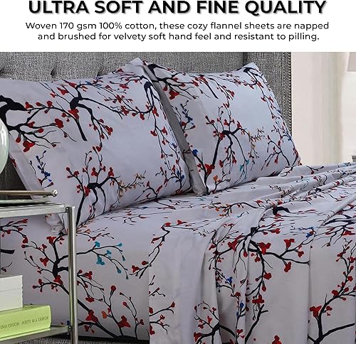 Miniatura 4 de Tribeca Living Emilia Tree - Juego de sábanas de franela ultrasuave de 170 GSM con bolsillos extra profundos, tamaño King, rojo, (EMILIASHEKI)