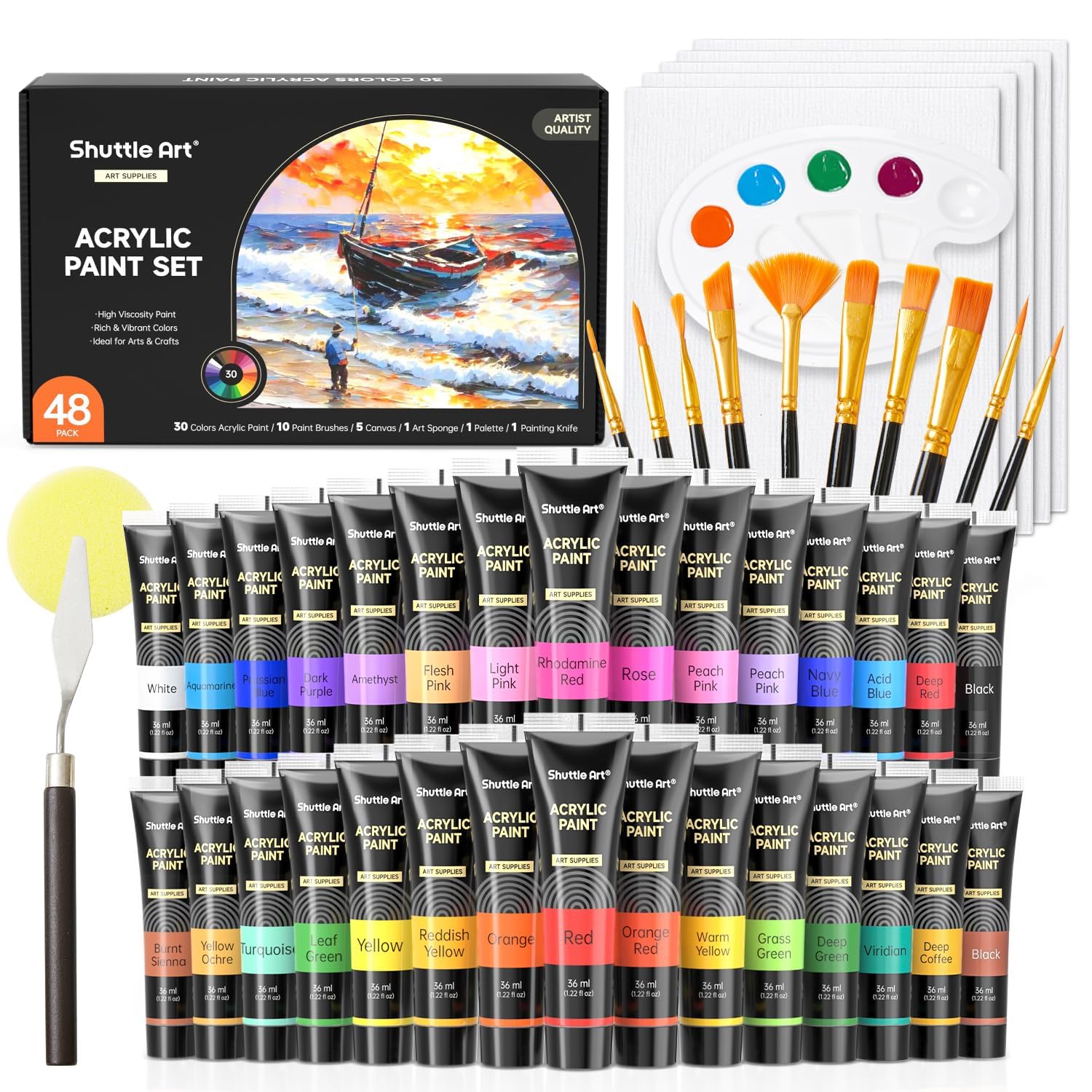 Shuttle Art 48PCS Kit Pintura Acrílica, 30 Tubos (36ml) Pintura Acrílica con 10 Pinceles 5 Lienzos 1 Espátula 1 Paleta, Acrilicos para Pintar para Artista Principiante, Pinturas Acrilicas para Lienzos