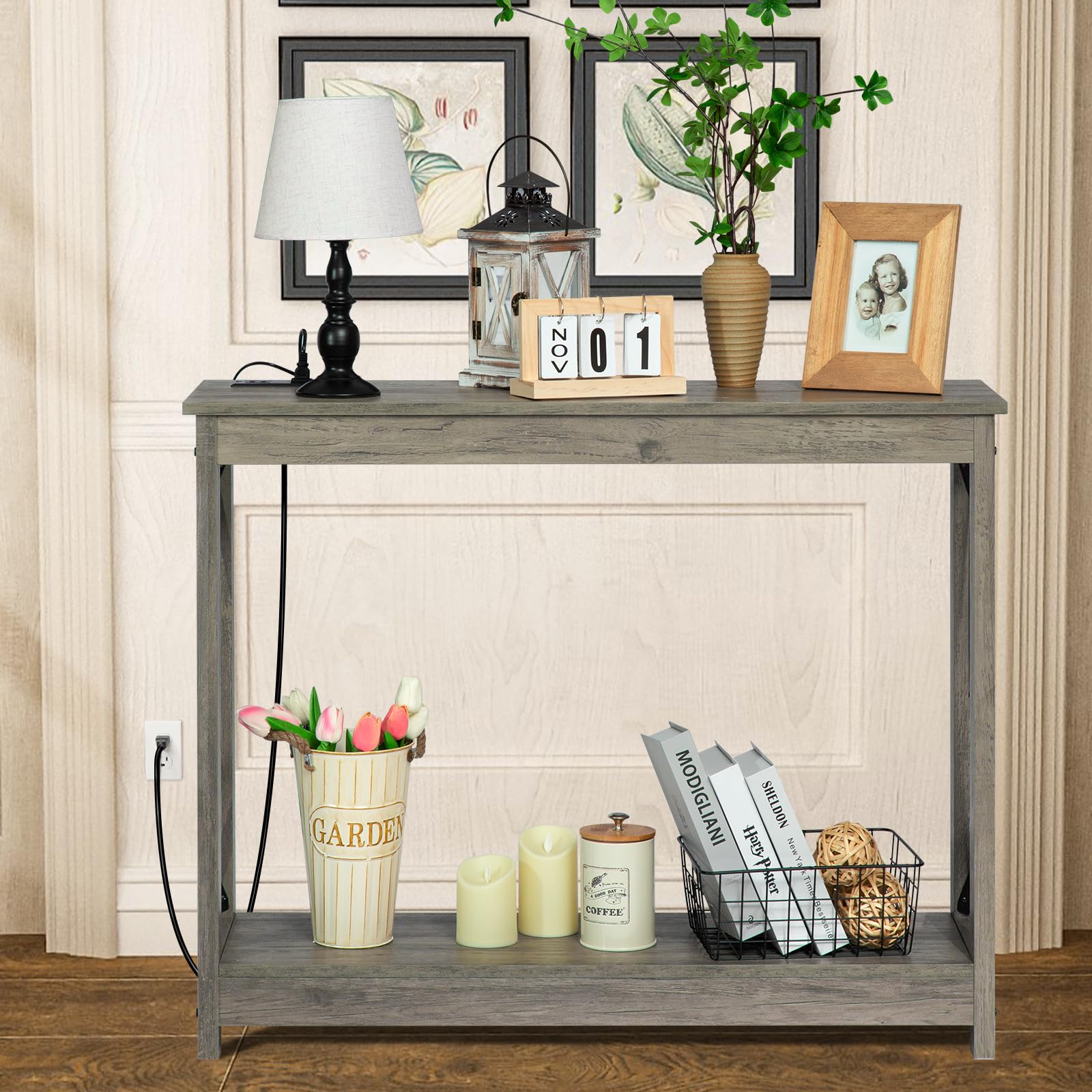 Rustory Farmhouse Console Sofa Table with Outlets and USB Ports, Rustic 2 Tier XDesign