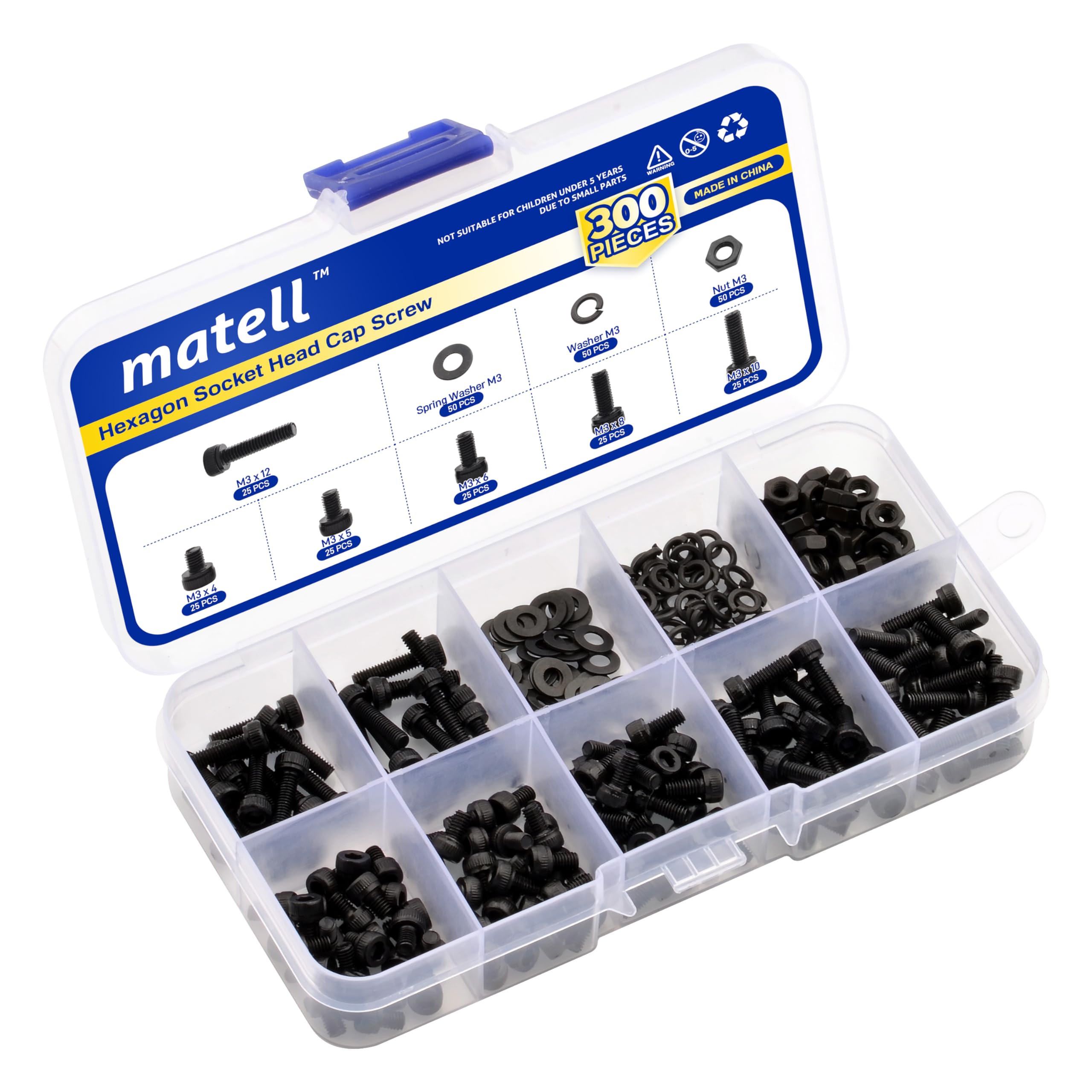 matell M3 Metric Black Hex Socket Head Cap Screw Assortment,Grade 12.9 Carbon Steel Screws Nuts and Washers Assortment,Washer kit,nut kit,Length 4/5/6
