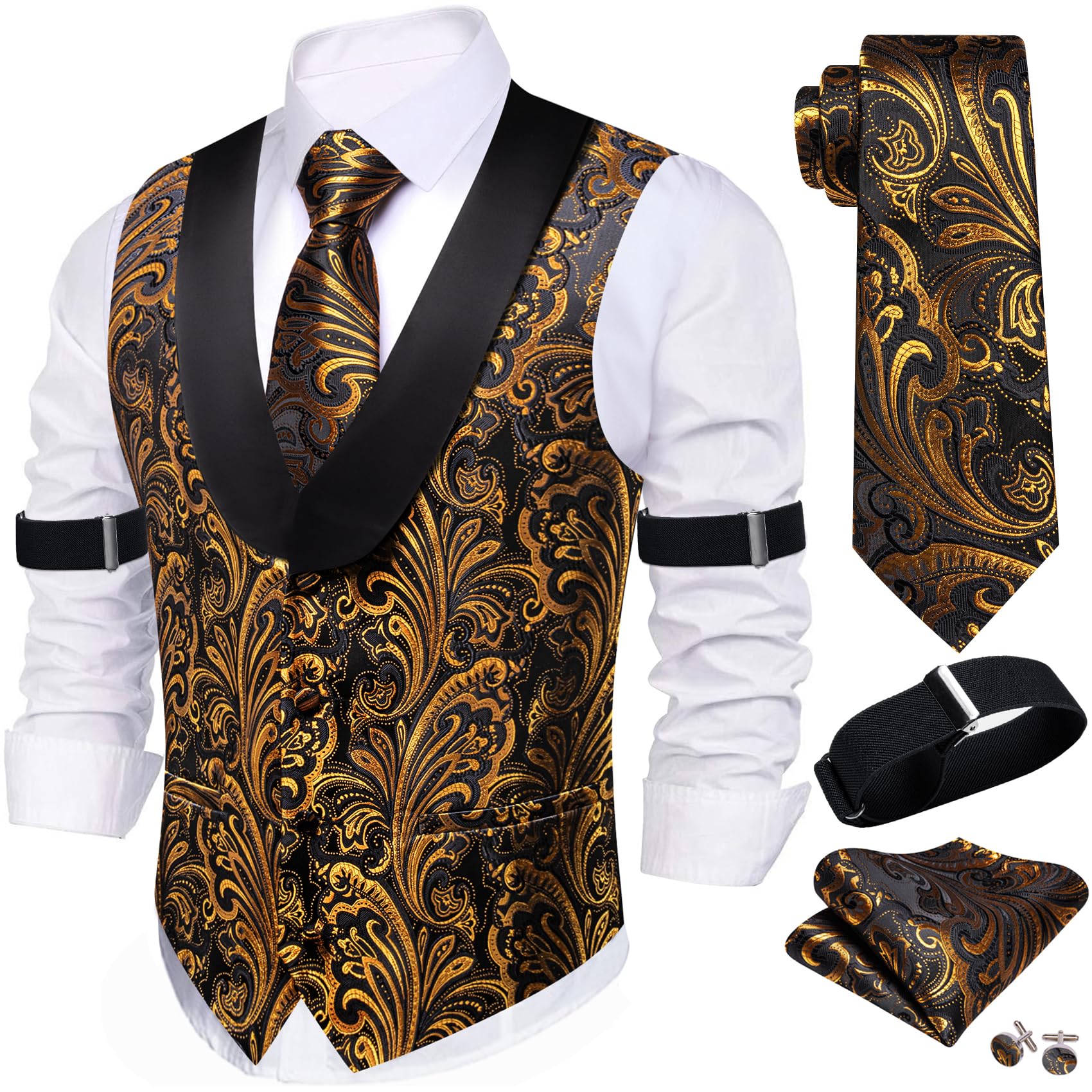 Barry.Wang Mens Silk Paisley/Floral Suit Vest Tie Sleeve Holder Set 5PCS