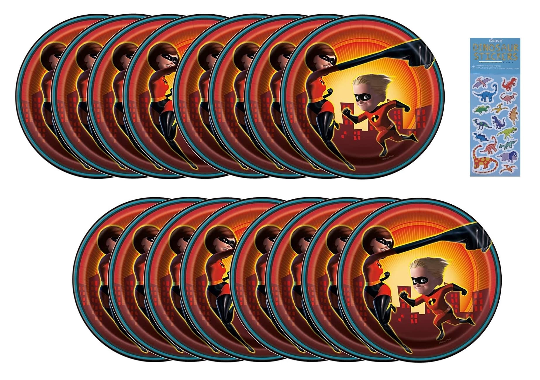 The Incredibles Birthday Party Supplies Bundle Pack includes Dessert Cake Paper Plates - 16 Count