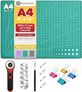 Mandala Crafts Self-Healing Green 9" x 12" A4 Cutting Mat Kit for Sewing | Fabric Cutter, Quilt Ruler & Craft Knife, Double-Sided, Small 5-Ply Rotary Cutting Board, for Quilting, Leather, Modeling