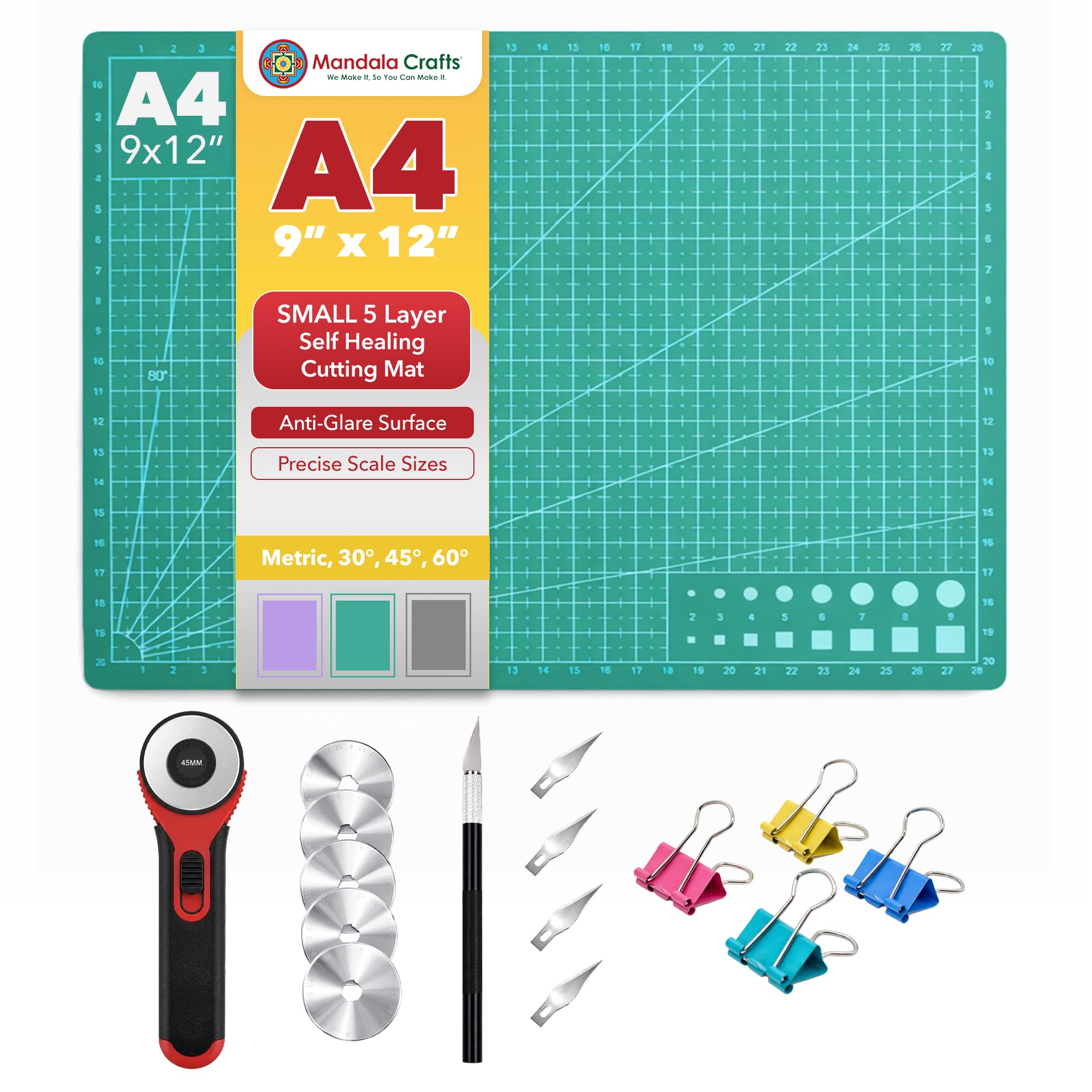 Mandala Crafts Self-Healing Green 9" x 12" A4 Cutting Mat Kit for Sewing