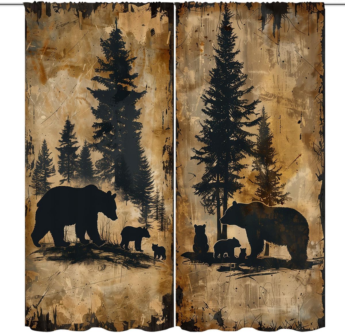 Rustic Bear Blackout Curtains for Kid Girls Boys Bedroom, Vintage Cabin Wildlife Animal Bears Rod Pocket Thermal Insulated Darkening Window Drapes for Bedroom Living Room, W42xL45 Inch