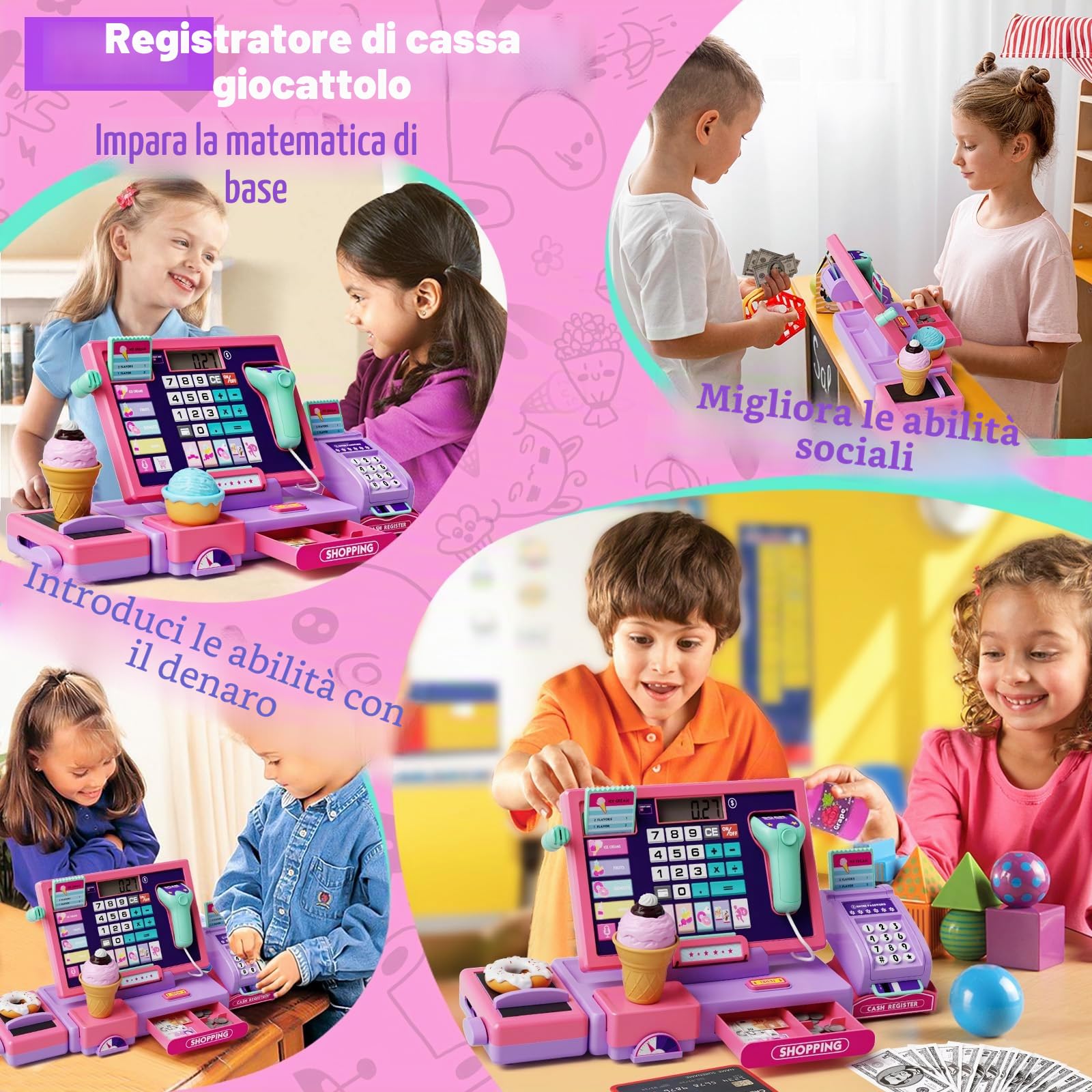 Set di cassa registratrice giocattolo con scanner e funzione musicale (Rosa Viola)