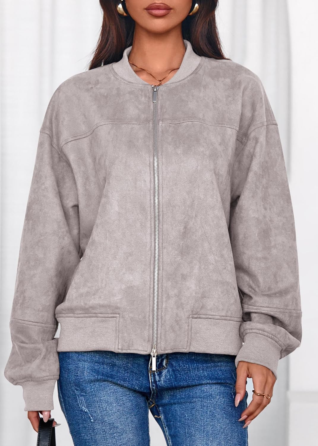 Lazysmile Women's Faux Suede Bomber Jackets Fall Fashion Outfits Winter Clothes Stand Collar Zip Up Coats Outwear - Image 6