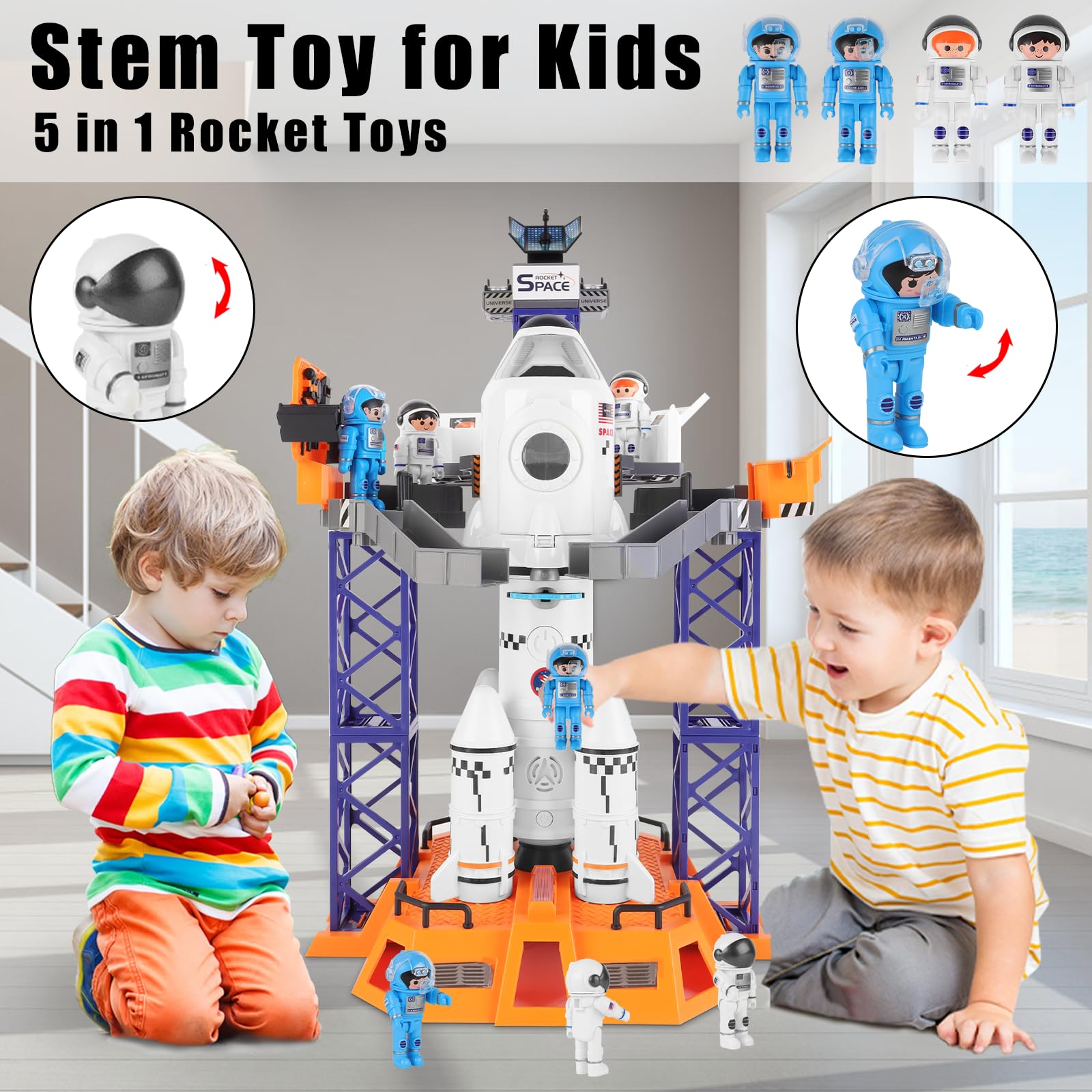 deAO Space Shuttle Rakete Spielzeug mit Licht & Sound, Rauchfunktionen, 5 In1 STEM Wissenschaft Lernspielzeug Projektionslampe Weltraumspielzeug, mit 4 Astronauten, Geschenk (Sky-1)