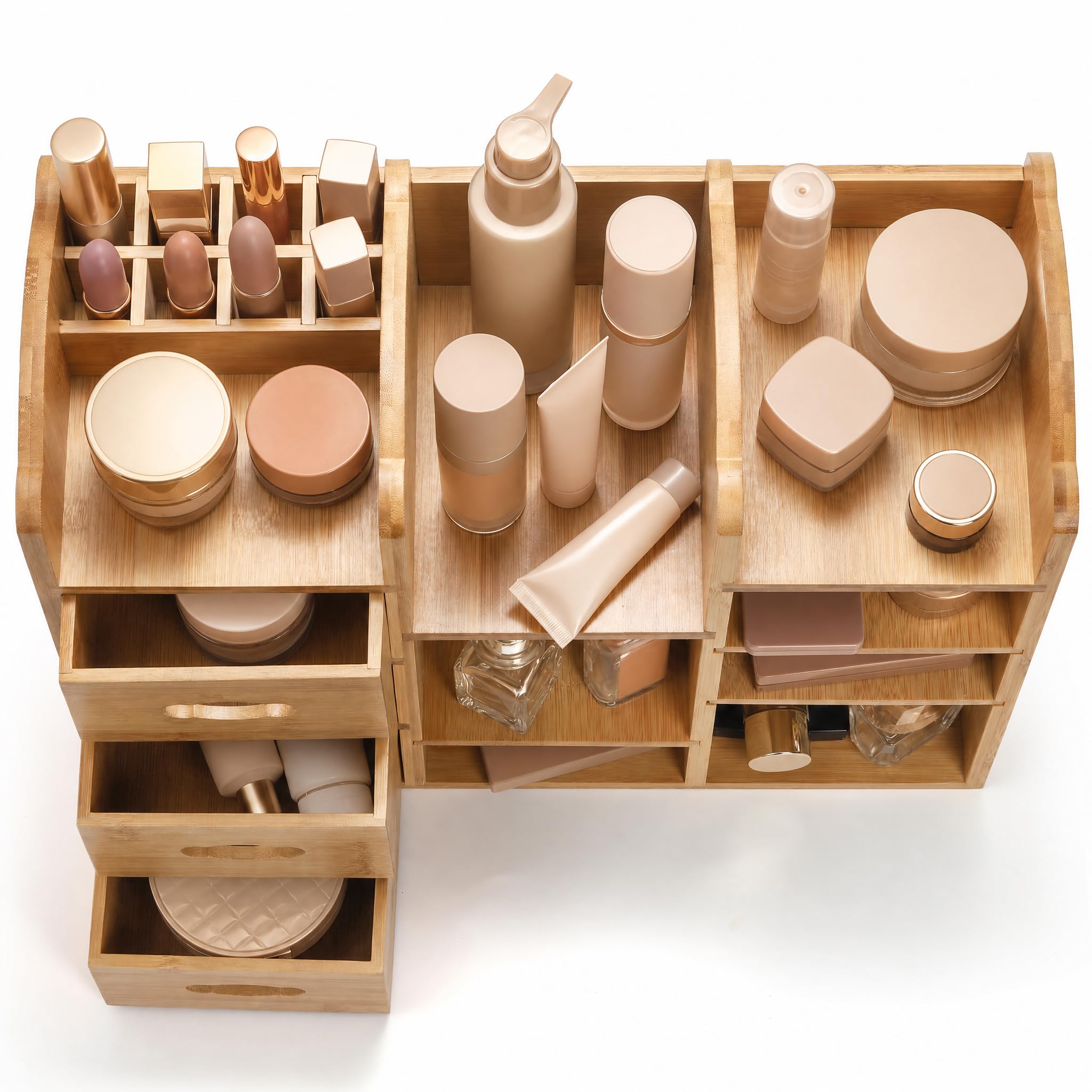 Coloch Make-up-Organizer aus Bambus mit Schubladen, multifunktionale Kommode, Make-up-Aufbewahrung, Tisch-Organizer, Regal für Schreibtisch, Hautpflege, Kosmetik-Display, Schreibwaren-Aufbewahrung