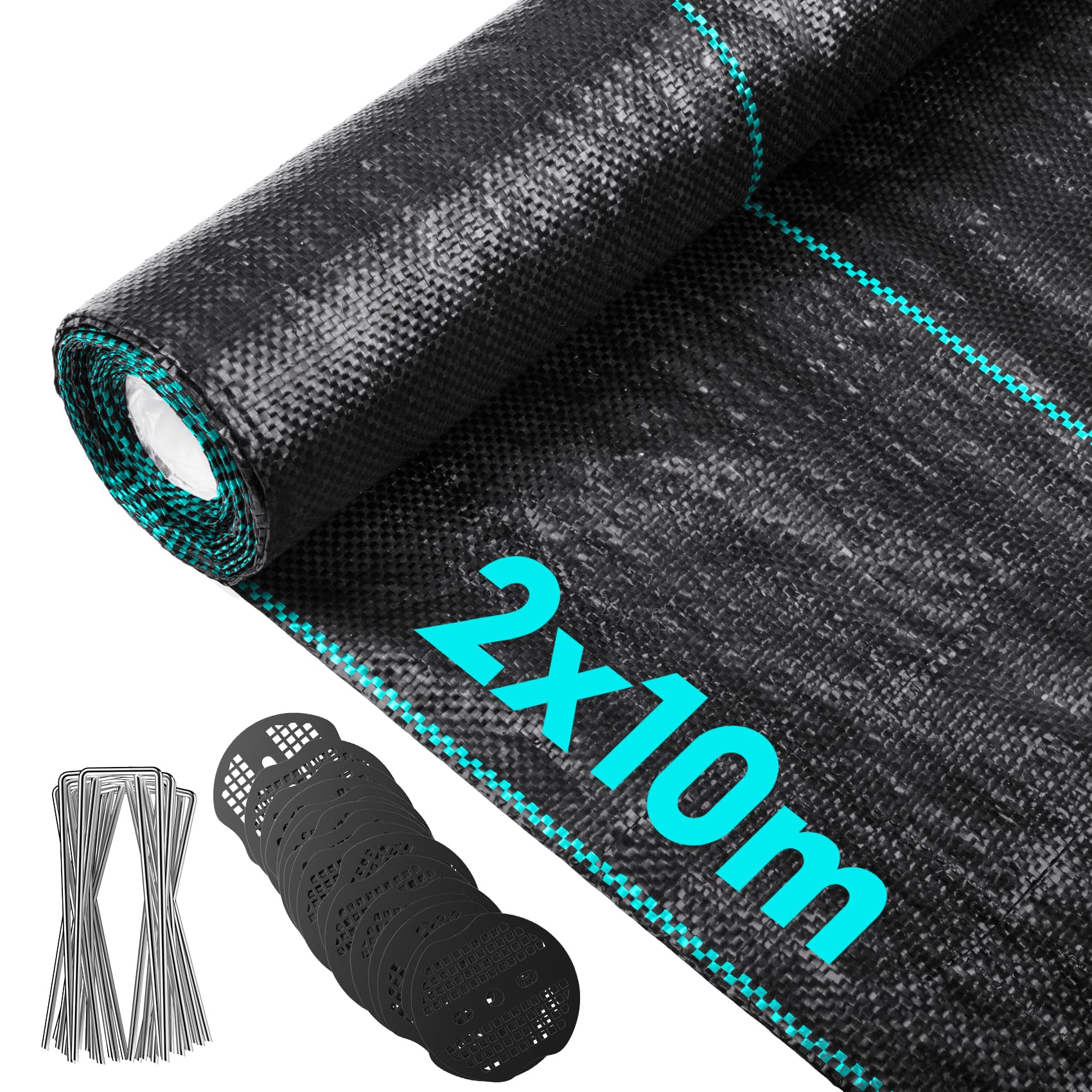 Vegamall 2 x 10 m Weed Control Fabric 80 g/m2 Extra Strong Garden Weed Control Film Water Permeable Garden Fleece Weed Control Fabric with 40 Ground Anchors 40 Buffer Discs Rustproof
