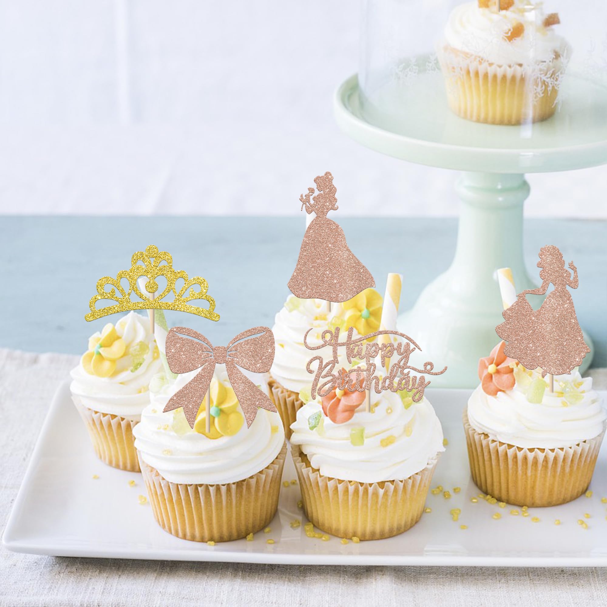 24 Pack Princess Birthday Cupcake Toppers - Glitter Crown & Castle Picks For Princess Party Decorations