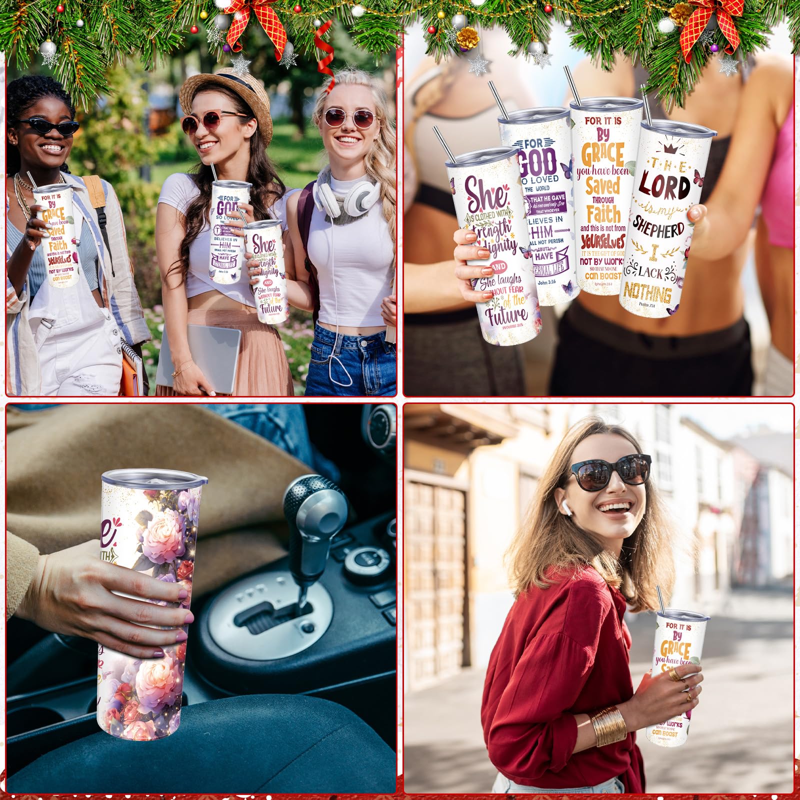 Nitial 4 Pcs Christian Gifts for Women Religious Tumbler Faith Bible Verse Mug Cup Inspirational Catholic Gifts 20 oz Stainless Steel Tumbler for Mom Friend Christmas Birthday Biblical Gift(Floral)