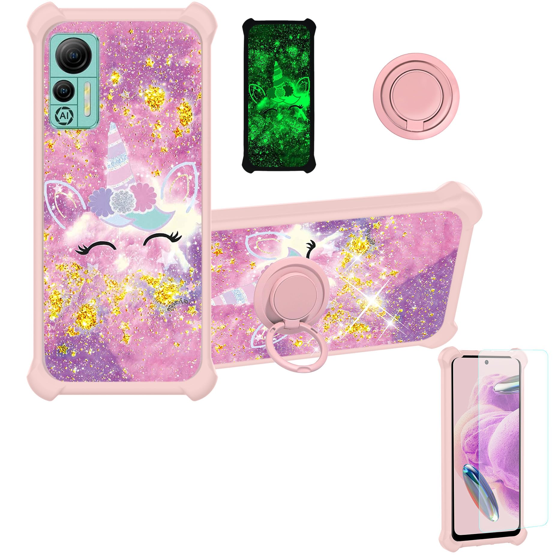 Case for Ulefone Note 14 Case Compatible with Ulefone Note 14 Phone Case Cover [with Tempered Glass Screen Protector][Hard PC + Soft Silicone][Ring Support] [Gold Glitter+Luminous] JSF-DJS