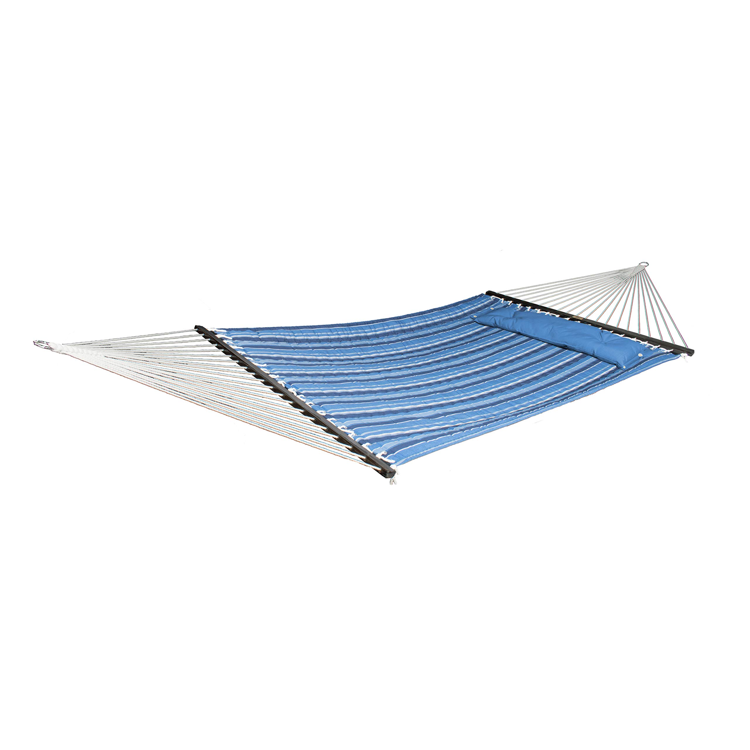 Bliss HammocksBliss Hammocks BQO-486 55" Wide 2-Person Quilted Hammock w/Spreader Bars, Pillow, S Hooks, & Chains, Outdoor, Poolside, Patio, Backyard Hammock, Polyester Rope, Blue Stripe, 420 Lbs Capacity
