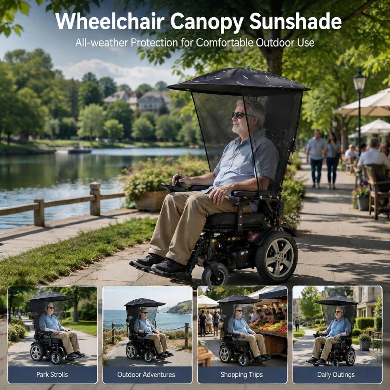 Auvent électrique pour fauteuil roulant réglable en gaze latérale respirante - Protection contre la pluie - Imperméable et résistant aux UV - Pour fauteuil roulant avec poignées - Accessoire