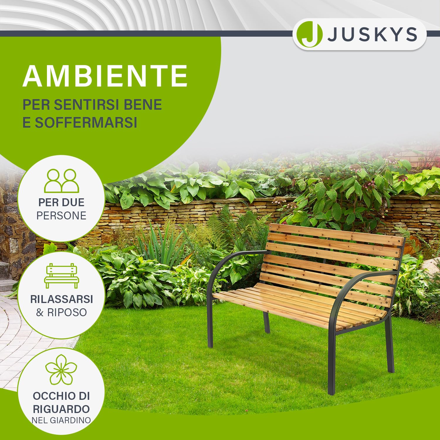 Juskys panchina da giardino Modena a 2 posti con schienale e braccioli panca resistente alle intemperie in legno e acciaio 120x62x82 cm classica per giardino balcone terrazza