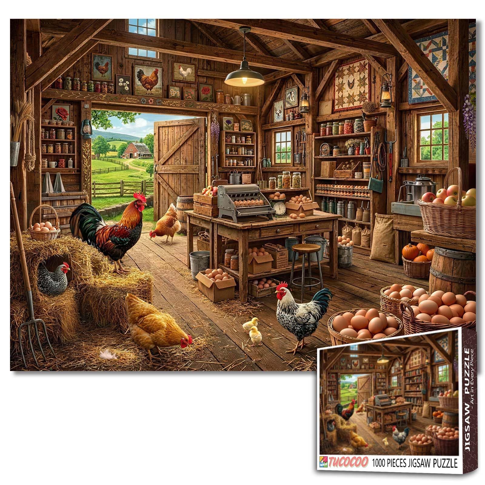 Cottagecore Chickens Jigsaw Puzzles for Adults 1000 Pieces Rustic Farmhouse Barn Country Life Family Activity Games Farm Animals Red Barn Home Wall Decor Craft Gifts 19.7 x 27.6 Inch