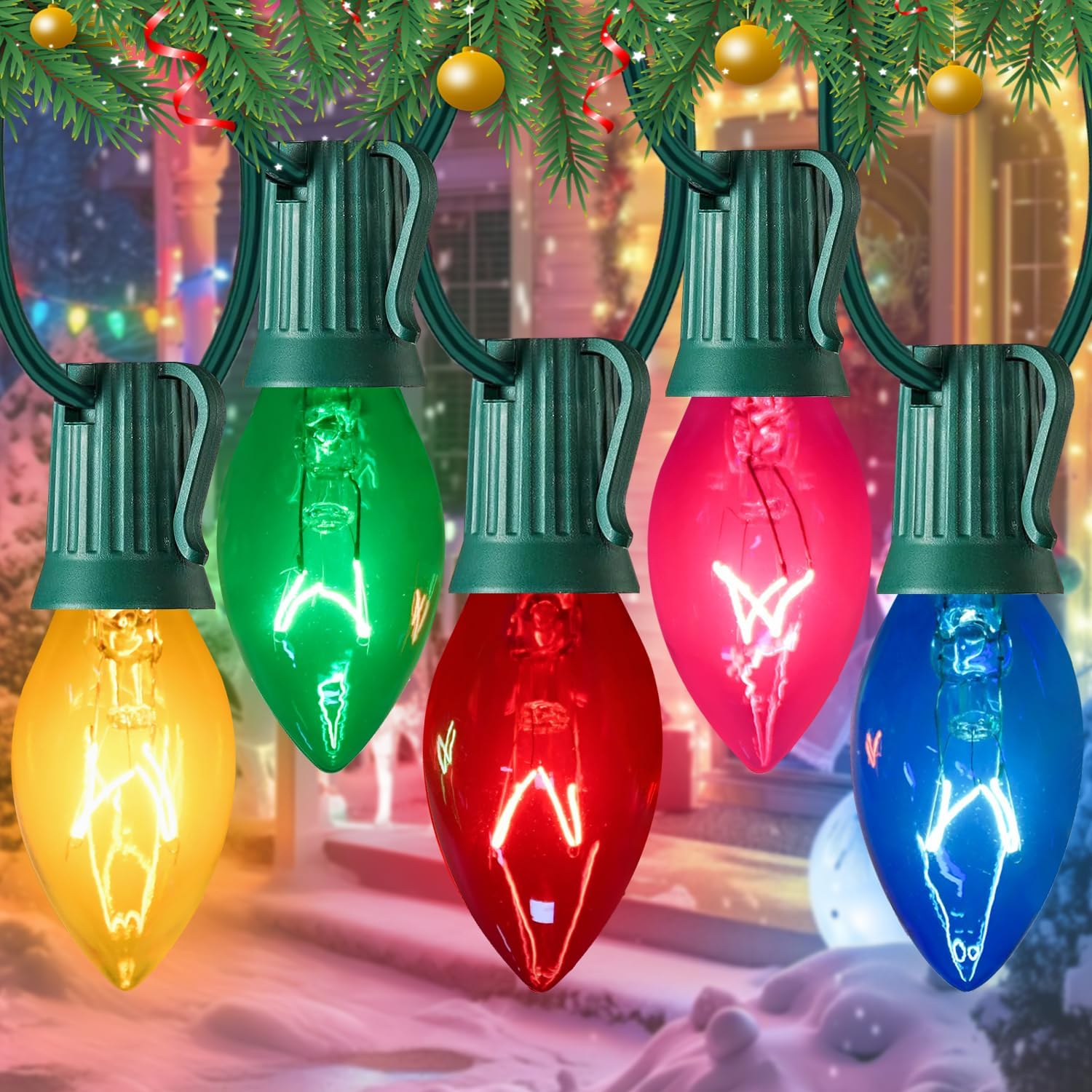 C7 Multicolor Christmas Lights Vintage Christmas Tree Lights Indoor Outdoor, 25 Feet Clear Colorful Xmas Light with 25Pcs E12 Base Bulbs, for Christmas Decorations for Home Tree Yard Porch Stair Clear Multicolor 25 Feet String Lights