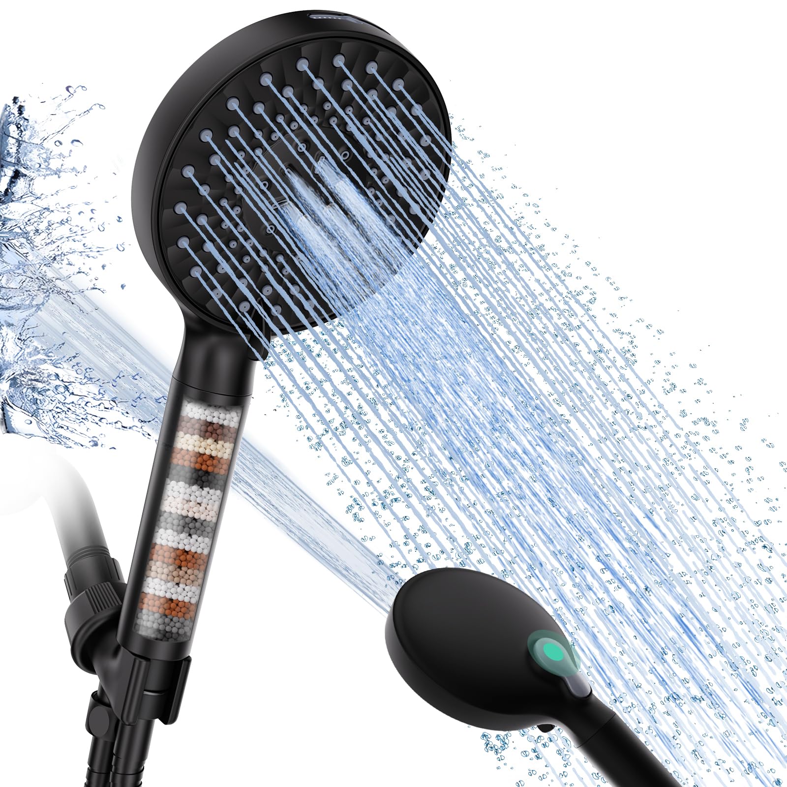 SR SUN RISE Filtered Shower Head with Handheld, High Pressure 9 Spray Mode Matte Black Showerhead with Filters, Water Softener Filters Beads for Hard Water - Remove Chlorine - Reduces Dry Itchy Skin