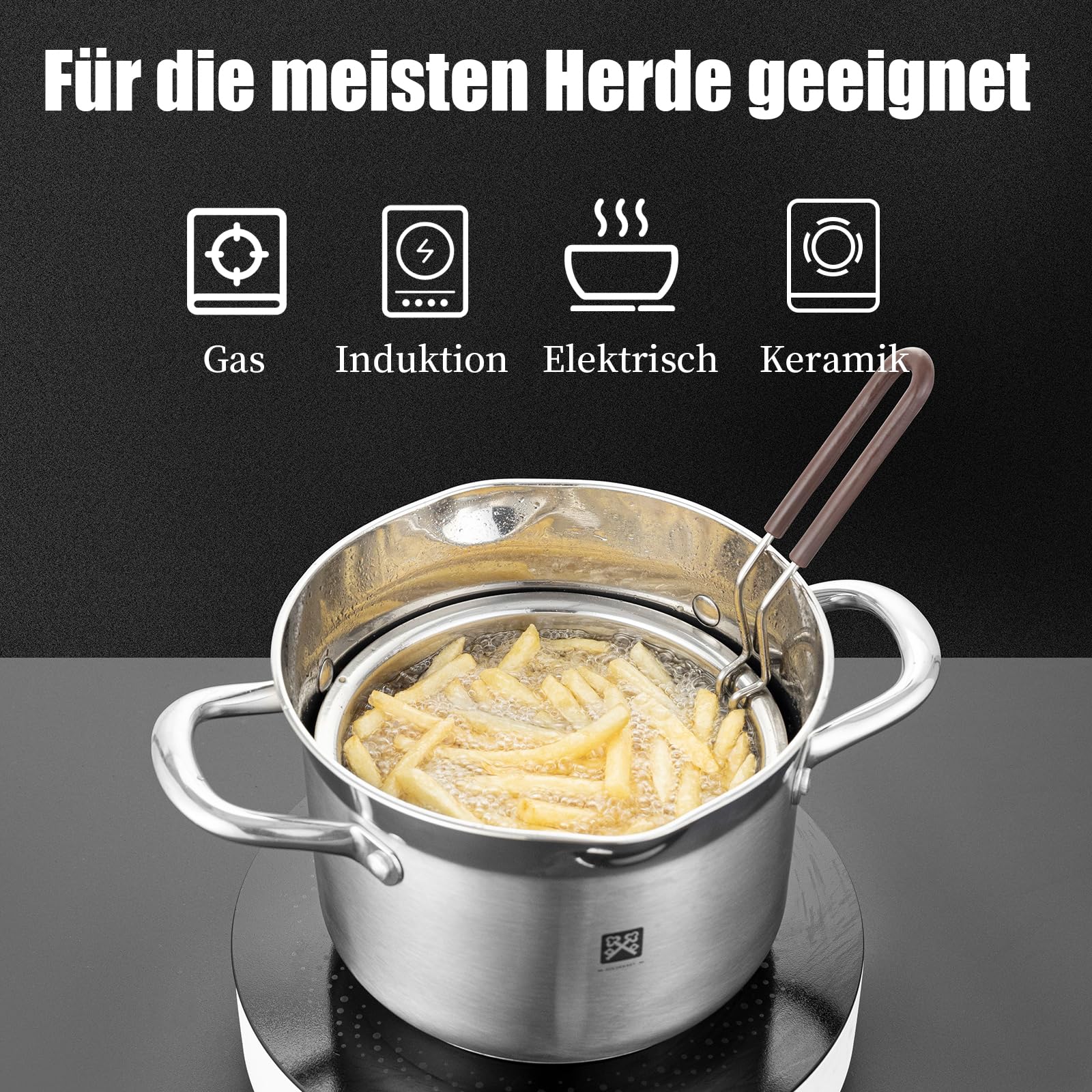 Edelstahl Frittiertopf 4L, Fritteuse mit Sieb und Deckel,Fritteusentopf Dampfgarer Mehrzweck-Kochtopf Zubereiten von Hähnchenflügeln Meeresfrüchten Pommes frites Calamares