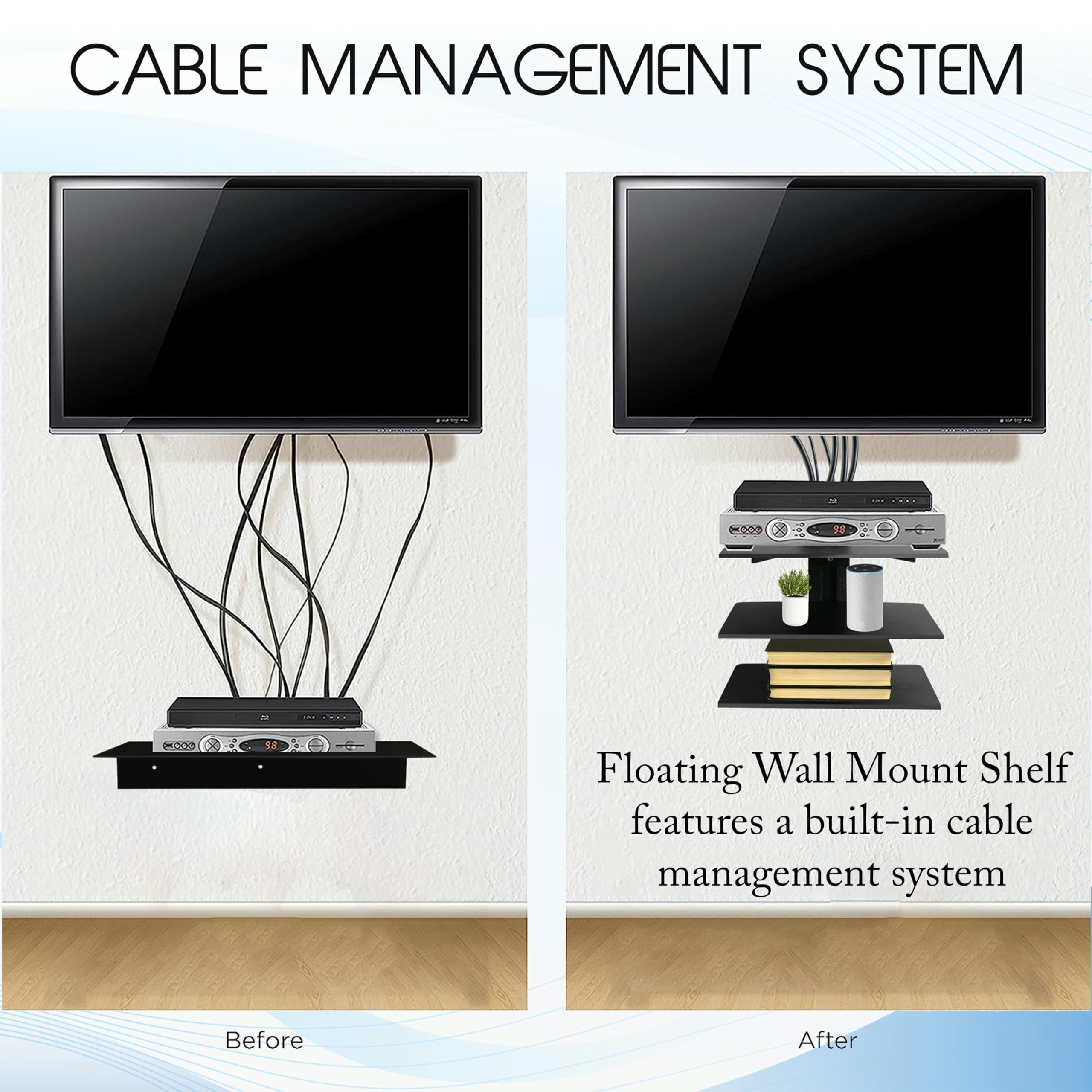 FEBTECH - Mensola sospesa per TV - Mensola per proiettore - Mensola da parete per TV, lettori DVD, console di gioco, decoder via cavo, accessori TV, 3 ripiani, nero