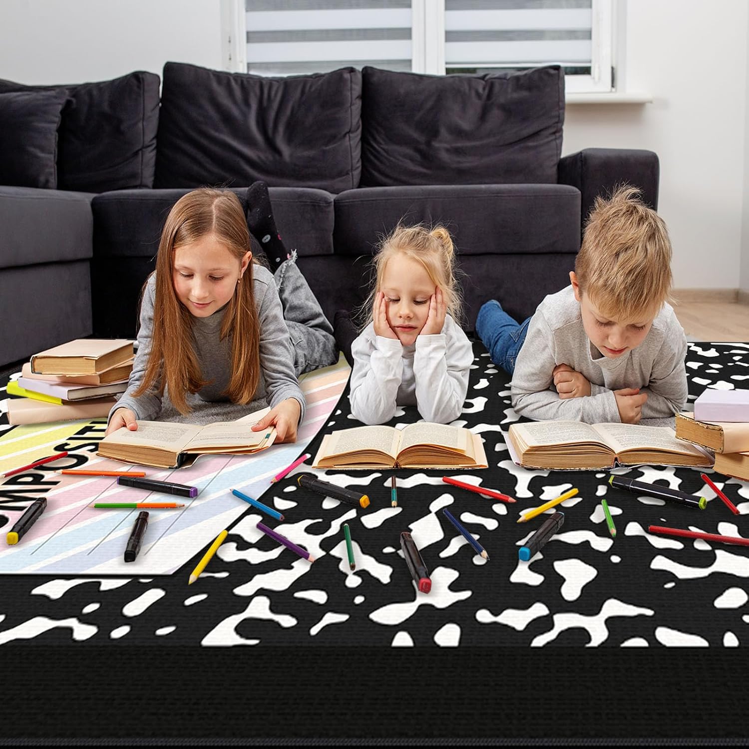 Large Composition Book Classroom Rug 5x7.5ft Marble Cover Educational Area Rug Non-Slip Black Composition Notebook Carpet Pastel Play Carpet for Nursery Playroom Teaching Reading Mat