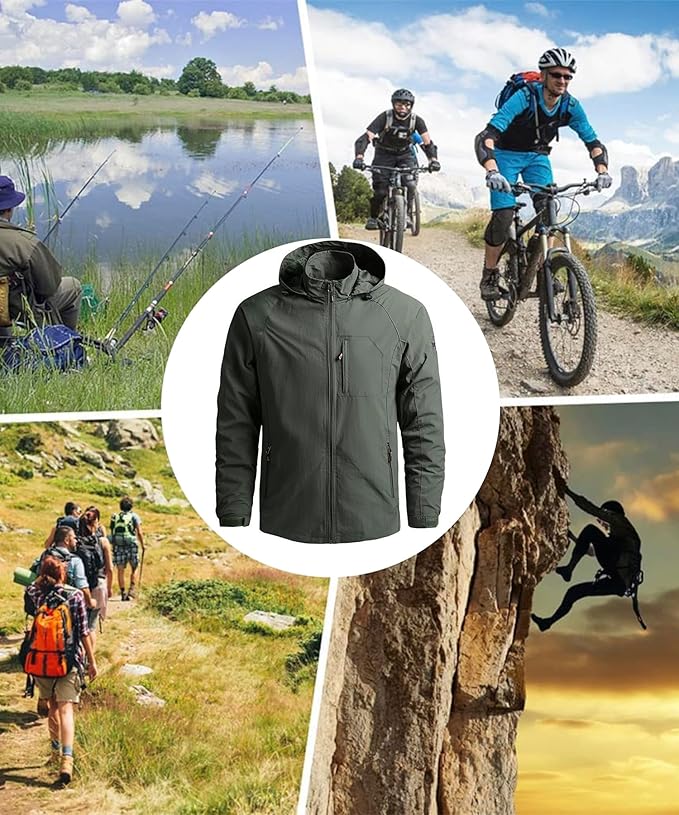 OlyljpinZ Heren lichtgewicht jas winddicht werk softshell uitloper militaire tactische outdoor sport jas ademend wandelen bergjas meerdere zakken windjack met afneembare capuchon, legergroen, XXL