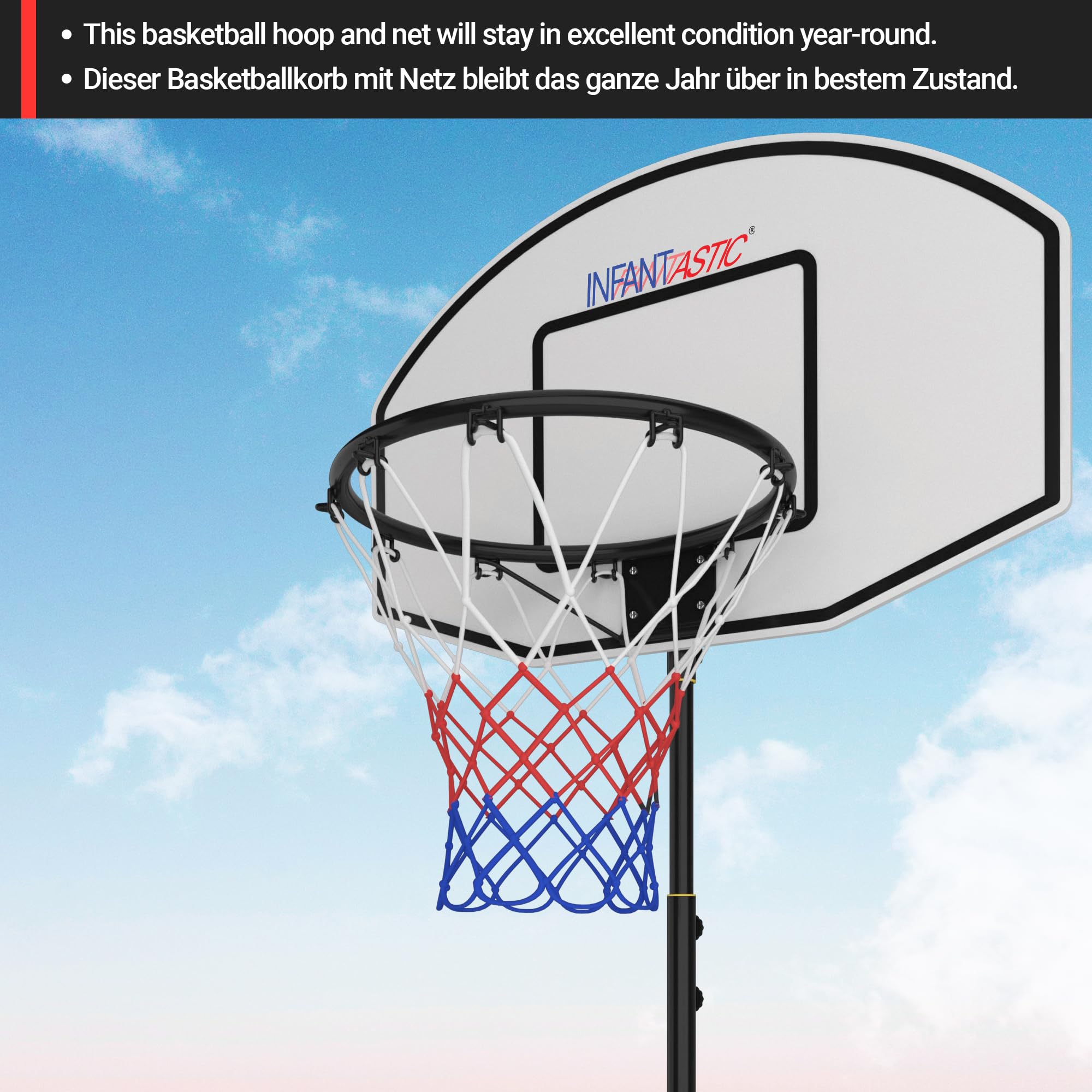 Infantastic® Panier de Basket - Extérieur/Intérieur, Hauteur Réglable 148-200 cm, Portable, avec Ballon et Pompe à l'Air, Rouge ou Noir - Panneau de Basket sur Pied, pour Enfant