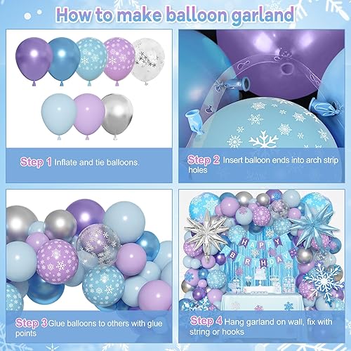 Miniatura 3 de Ouddy Life Kit de arco de guirnalda de globos de Frozen, decoración de fiesta de cumpleaños congelada, cortina de flecos, confeti azul, morado,
