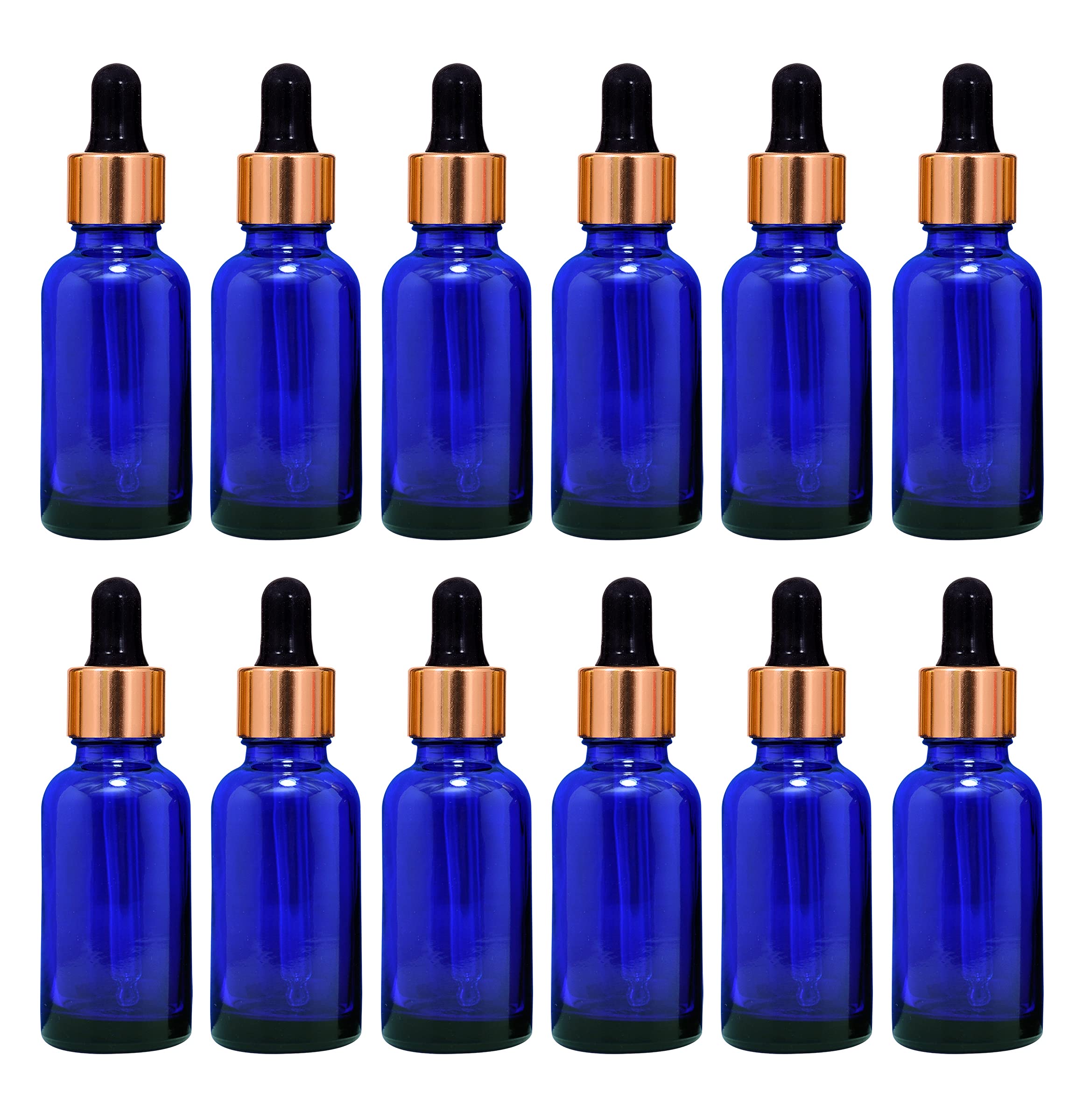 30 ML Blue Round Empty Glass Bottle + Glass Dropper + Gold Ring + Silicone Black Teat, Refillable, Reusable, Leak Proof For Essential Oils, Perfumes (Pack Of 12)-image-24