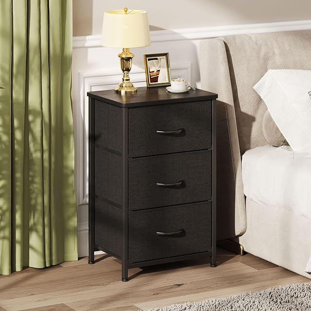 Vermess Table de chevet, petite commode, mobilier de chene, table de cheme 3 Tiroirs de rangement pour chambre à coucher, noir