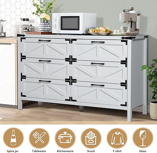 Miniatura 5 de QHITTY Cómoda de 6 cajones para dormitorio, cómoda de granero de granja, organizador de almacenamiento moderno para dormitorio, pasillo, sala de