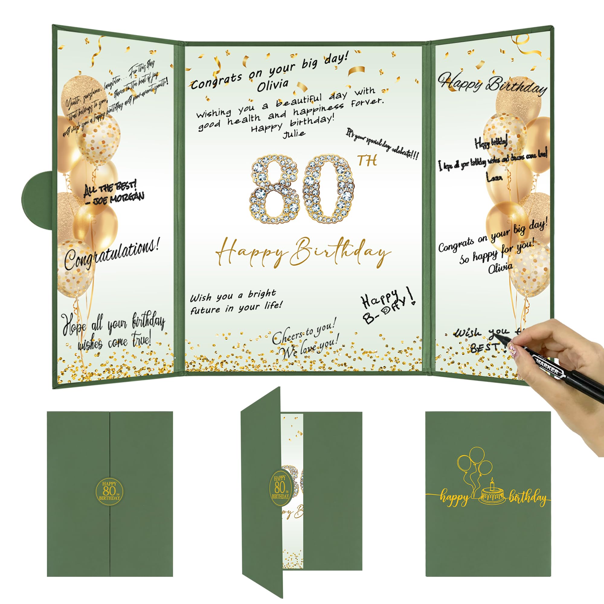 DARUNAXY Green &amp; Gold Happy 80th Birthday Alternative Signature Guest Book