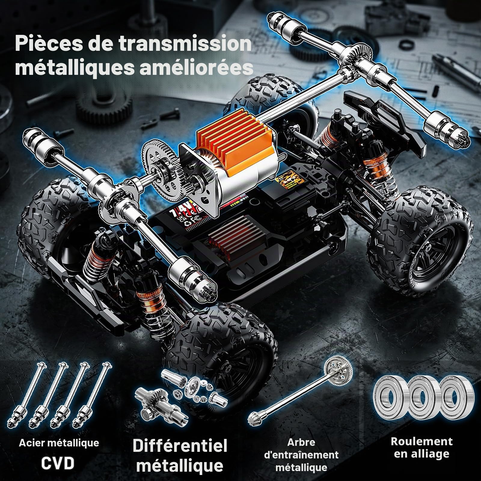 Voiture télécommandée Adulte & dès 8 Ans Tout Terrain 4x4 1:18 – Monster Truck RC 36 km/h, Voiture radiocommandée extérieur/Plein air, Transmission métal & cardans CVD, Splash-Proof, 2 Batteries