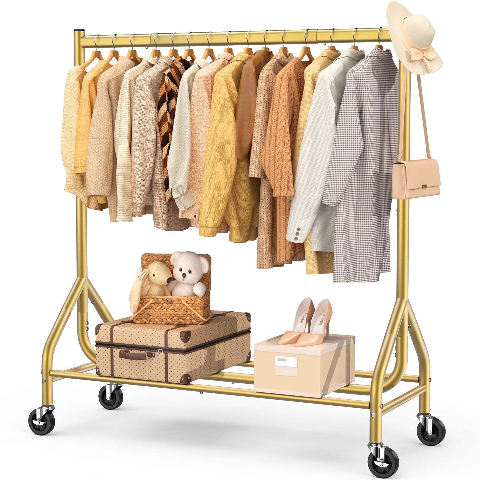 EAGMAK Heavy Duty Clothes Rack Load 420 LBS, Rolling Garment Rack with Lockable Wheels, Standing Metal Clothing Rack, Portable Wardrobe Sturdy Coat Rack for Hanging Clothes (Gold, 47.2″×18.9″×63″)