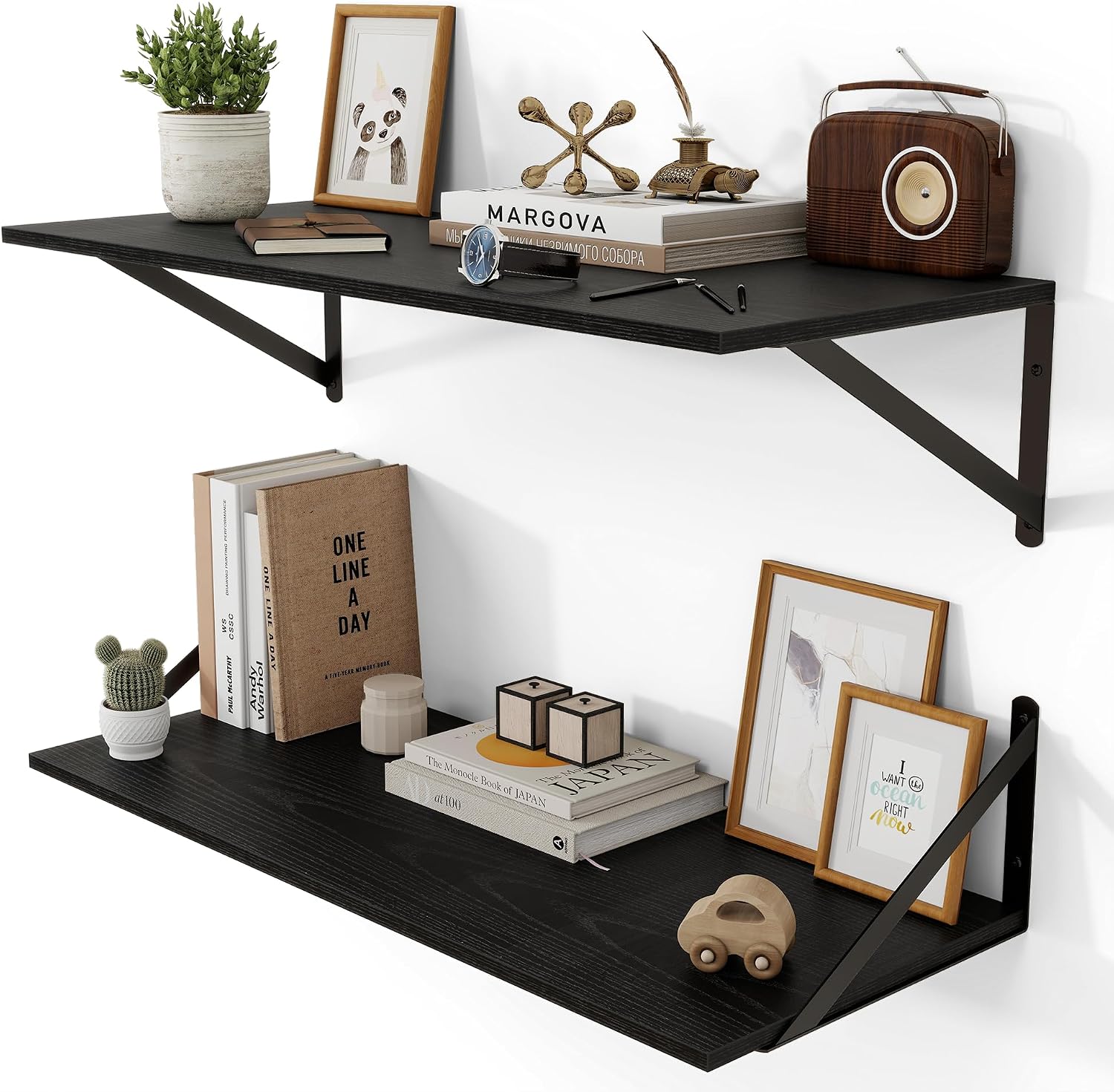 Heimlove Black Deep Floating Shelves for Wall, 28W x 12D Wood Wall Shelves Set of 2, Wide Floating Bookshelf for Living Room, Kitchen, Office, Bedroom and Decor Storage, with Metal Bracket - Black