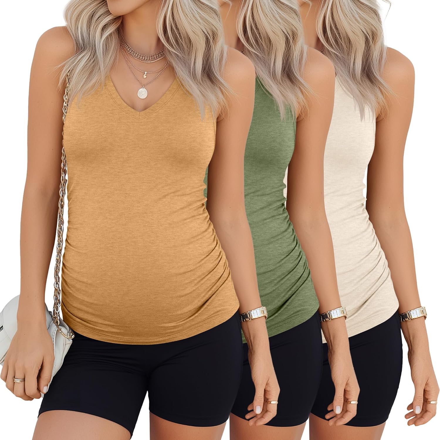 3 Pack Maternity Tank Tops for Women Summer Pregnancy Shirts Pregnant V Neck Sleeveless Ruch Side Casual Clothes
