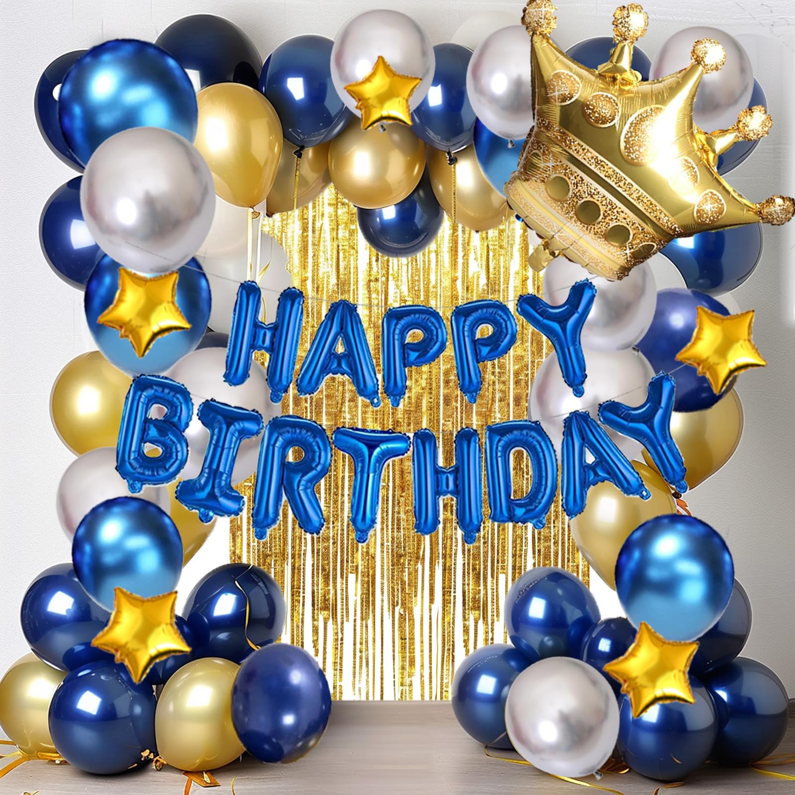 Niebieskie i złote dekoracje urodzinowe dla mężczyzn, chłopców, dziewcząt, Hyballustw 58 szt. balonów z banerem "Happy Birthday", metaliczna zasłona z frędzlami, złota korona na urodziny 18, 21, 30,