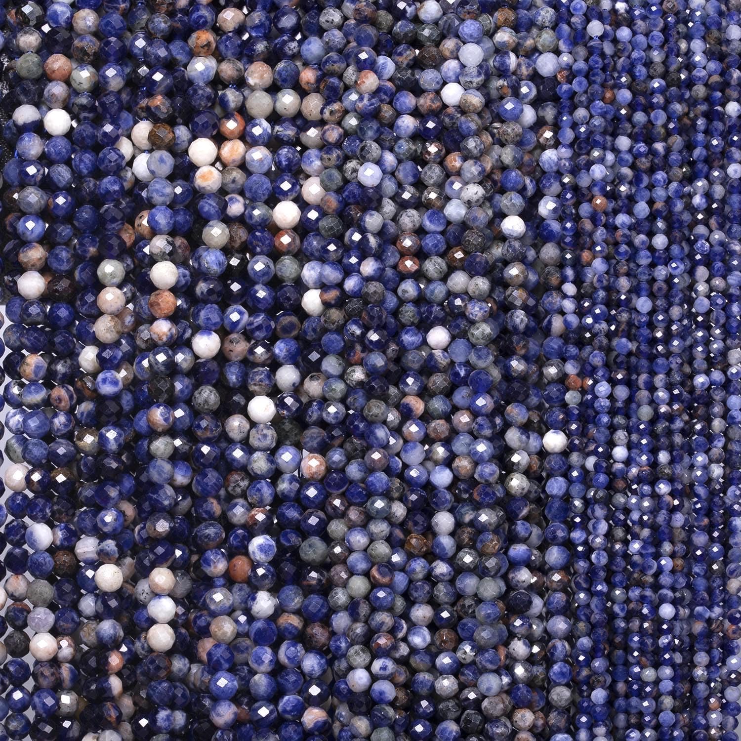 2mm 180pcs Natural Blue Sodalite Stone Beads, Songxi Small Faceted Round Loose Gemstone Beads for Jewelry Making, DIY Art and Craft, Bracelet for Necklace (1 Strand)