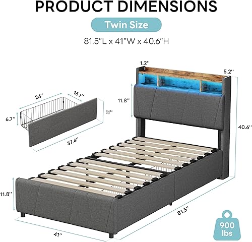 Miniatura 2 de LIKIMIO Marco de cama individual con 2 cajones de almacenamiento, estación de carga y luces LED, cama individual de plataforma tapizada con cabecera