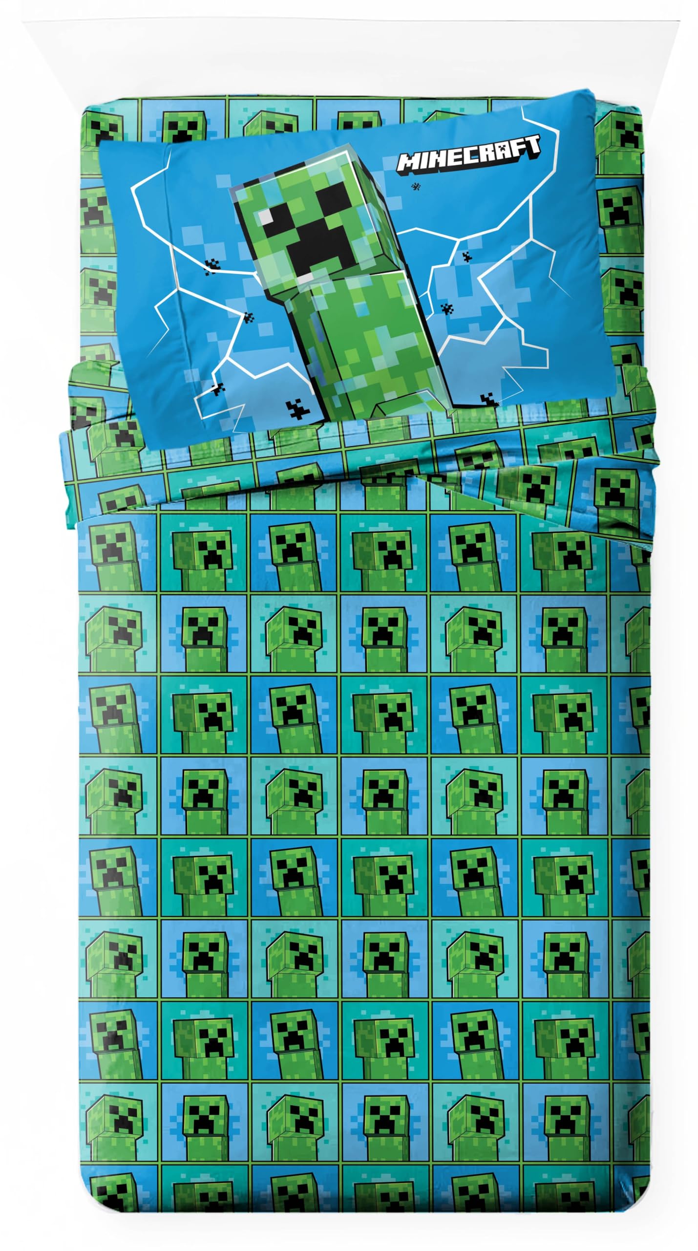 Jay Franco Kids Sheet Set with Fitted, Flat Sheets & Pillow Cover - Ultra-Soft Bedding with Pillowcase for Room Decor, Blue - Minecraft Creeper, 3 Piece Twin