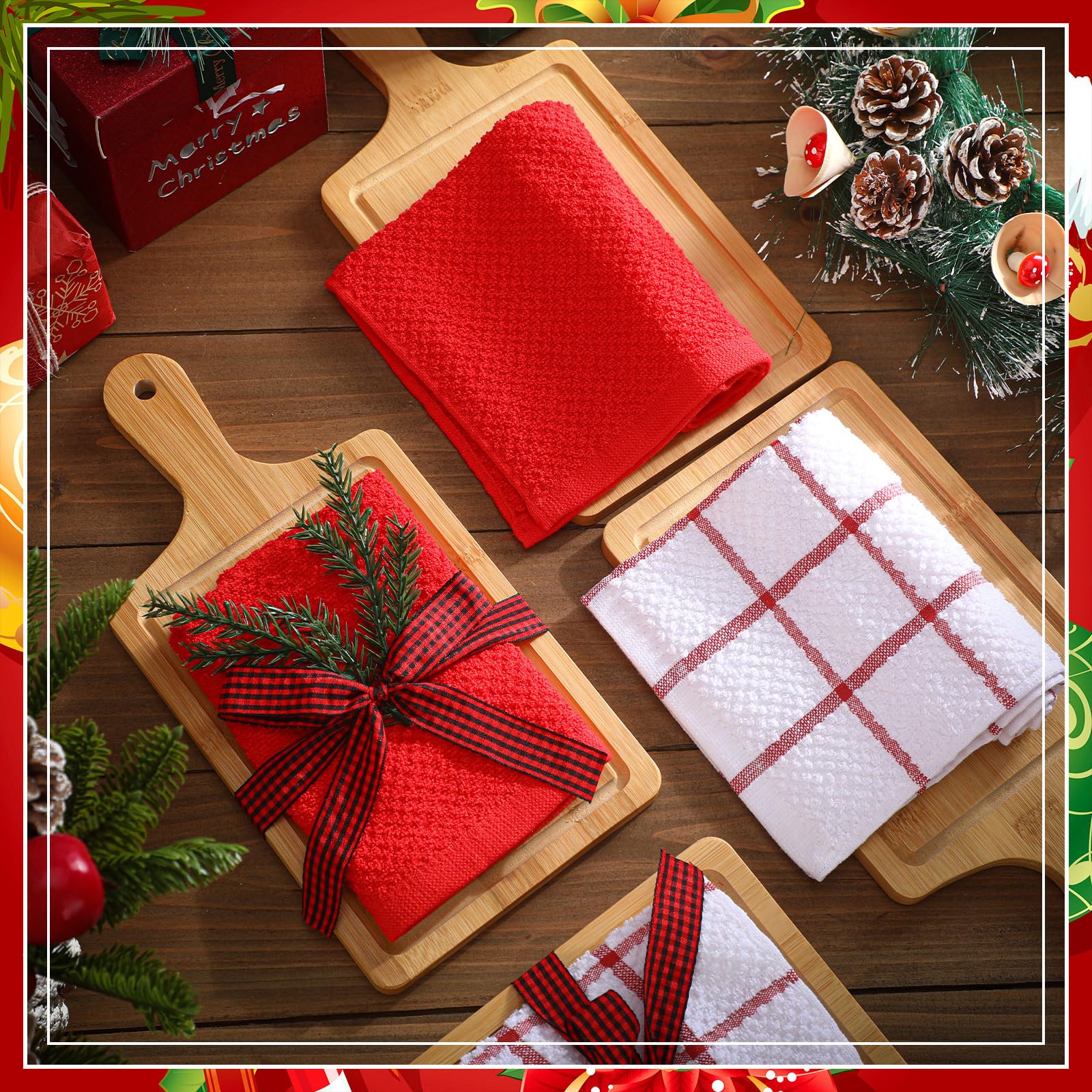 Suclain Käsebrett-Geschenk-Set für Damen, Weihnachtsgeschenk, Bambus-Käsebrett mit Geschenktüten, Waffelmuster, kariertes Band, Weihnachtsgeschenke für Festival, Brautparty, 4-teiliges Set, 21-teilig