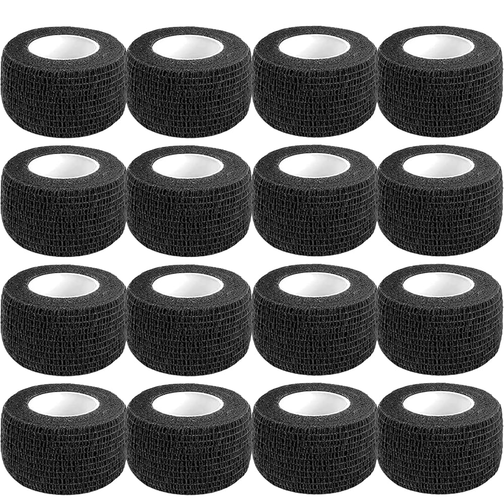 Self Adhesive Bandage Wrap,1 Inch 5 Yards 16 Pack Black Elastic Flexible Cohesive Bandages, Vet Wrap Tattoo Sports Tape Bulk for First Aid Supplies (Black)