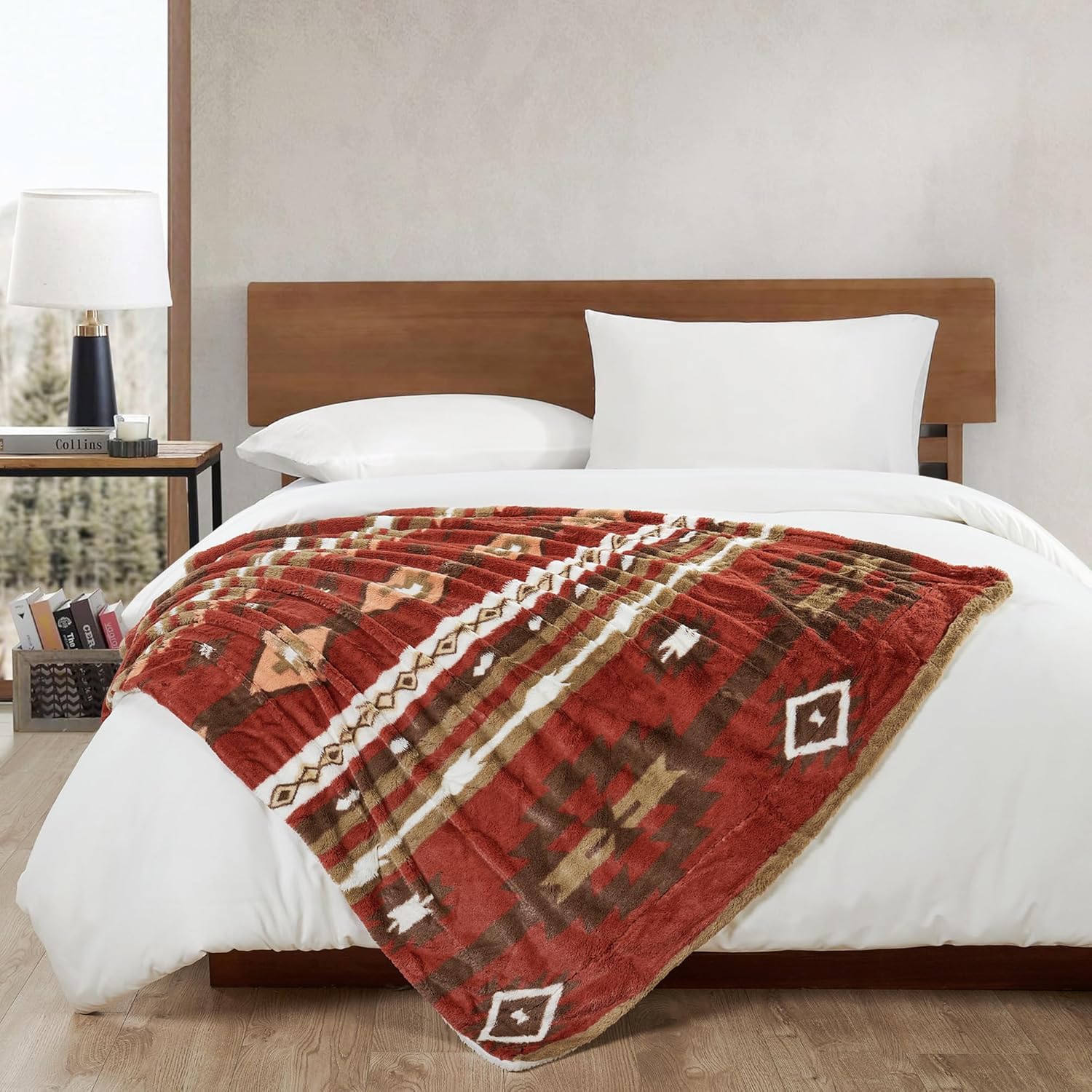 Boho Aztec Faux Fur Throw Blanket with Sherpa Lining, Traditional Southwestern Navajo Tribal Style Plush Fluffy Soft Cozy Throw for Couch, Sofa, Bed, Camping, Outdoor, 50" x 60", Red